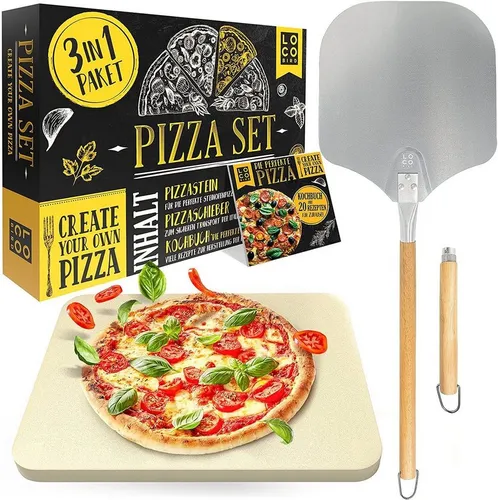 Loco Bird Pizzastein für Backofen & Gasgrill - Rechteckiger Pizzastein aus Cordierit im Set mit Pizzaschieber und Rezeptbuch, hitzebeständig bis 900 °C für authentische Pizzakreationen wie in Italien.