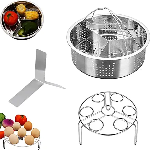 YANJINGHE Dampfgarer Rack Set, 3 Stück Schnellkochtopf-Zubehör, Dampfgarer Rack Aus Edelstahl, Dampfgarer Einsatz Topf, mit Egg Steamer Rack, Teiler, Passt Instant Pot 5,6,8 qt Schnellkochtopf