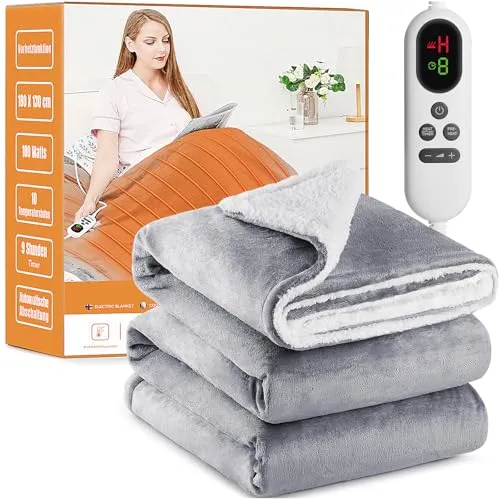 Heizdecke mit Abschaltautomatik, 130x180cm 10 Heizstufen 1~9 Stunden Auto-Off-Timer Überhitzungsschutz, Elektrische Wärmedecke Bett Wärme Decke ETL für Home & Office Schnelle Flanell Waschbar Grau