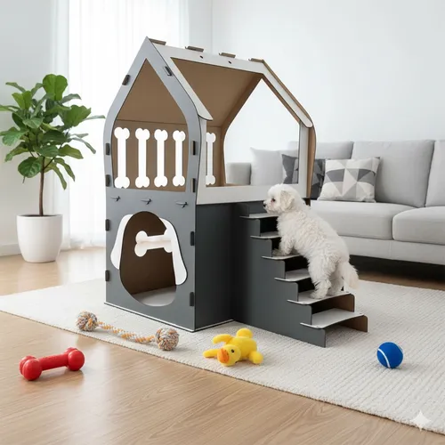 Hundehütte 3XL mit Treppe - Modernes Hundehaus für kleine Rassen - Stilvolle Hundehütte aus Holz mit Treppe und Balkon, ideal für Malteser, Chihuahua & Co. – perfekt für den Innenbereich!