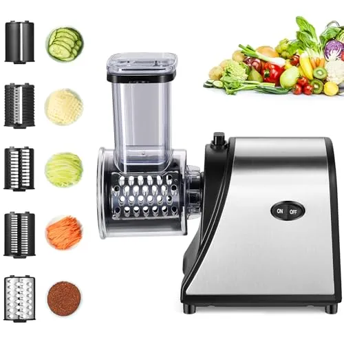 Gemüseschneider Elektrisch, 250W Elektrischer Gemüseschneider Edelstahl, Edelstahl Käsereibe, Aufgerüstetes Großkaliber Multifunktional, mit 5 Klingen für Verschiedenes Gemüse (L)