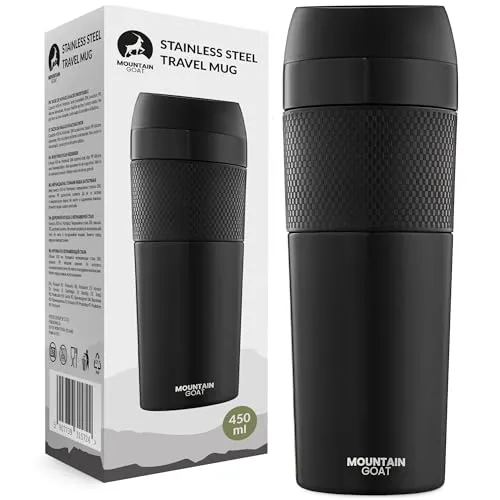MOUNTAIN GOAT Thermobecher 450ml aus Edelstahl, Kaffeebecher To Go Auslaufsicher, Isolierbecher Hält 12h Heiß & Kalt, Autobecher Passend für Getränkehalter, Trinkbecher mit Einhandbedienung, Schwarz