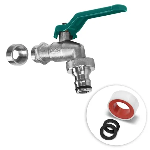 YourCasa Wasserhahn Garten 1/2 Zoll & 3/4 Zoll aus Messing inkl. Schlauchanschlss & Dichtband - Kugelhahn Aussen Frostsicher - Auslaufhahn Regentonne Außenwasserhahn Auslaufventil (Einfach Grün)