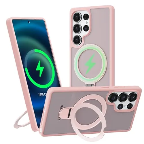 Hülle für Samsung Galaxy S25 Ultra mit Magsafe, [ Magnetischer Ständer Unsichtbarer Standring ] Stoßfest Handyhülle Case Matt Kratzfeste Schutzhülle für Samsung Galaxy S25 Ultra, rosa