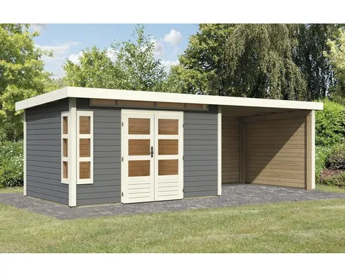 Karibu Gartenhaus Kastorf 7 mit Anbaudach – 3,2 m Breite, terragrau - Vielseitig einsetzbares Gartenhaus mit exklusiver Fensterecke und 6 Kunstglas-Lichtausschnitten. Modernes Pultdach aus Massivholz, wasserabweisende Profilierung und Doppelflügeltür für optimalen Zugang.
