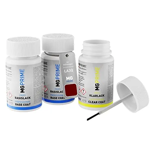 MG PRIME Autolack Lackstift Set für Volkswagen VW LA3Q / A3Q / 7H Ruby Red Metallic/Cardinal Red Metallic Grundlack Basislack Klarlack je 50ml