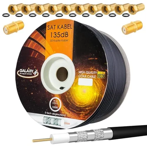 HB-DIGITAL SET 100m Koaxial SAT Kabel 135db Schwarz + 10x F-Stecker & 2x F-Verbinder vergoldet | CU Kupfer Satellit Antennenkabel 5-Fach geschirmt für DVB-S/S2 -C/C2 -T/T2 DAB+ Radio BK Anlagen