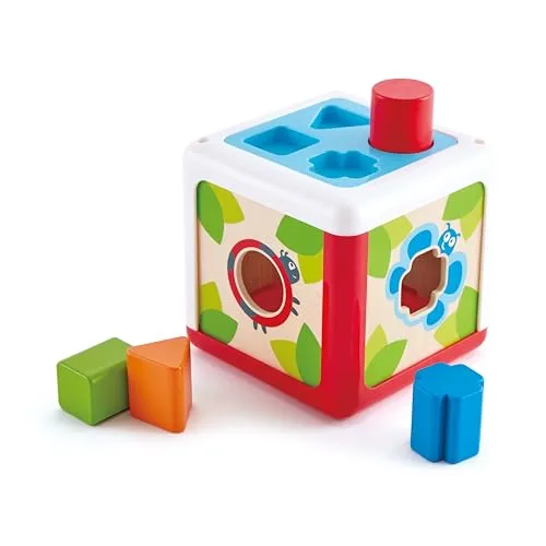 Hape Sortierbox Gartenhütte, Formensortier-Spielzeug Box mit Garten-Tieren, Farben- & Formenerkennung, ab 12 Monaten