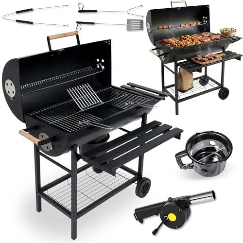 Five-Star Grill&Chill Holzkohlegrill – XXL Grillfläche 71×35 cm mit Deckel und Thermometer - XXL Grillfläche von 71 × 35 cm mit verchromtem Rost für reichlich Platz beim BBQ. Der Deckel mit Temperaturanzeige sorgt für präzises Garen und aromatisches Grillen. Einfacher Transport durch zwei Räder und schneller Aufbau für unbeschwerte Grillabende.