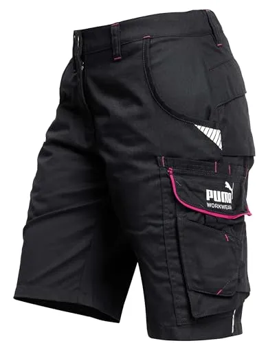 PUMA Workwear Precision X Arbeitsshorts - Damen Kurzarbeitshose Schwarz/Pink Gr. 34 - Robuste Arbeitsshorts für Damen mit 5 Taschen und Reflektoren, ideal für den Bau und Handwerk. Flexibles Material und bequeme Passform sorgen für hohen Tragekomfort und Bewegungsfreiheit.