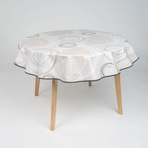 Produktbild laro 140cm runde Wachstuch Tischdecke abwaschbar Wachstuchtischdecke mit Saum-Eingefasst-Paspelband, Muster:Kreiswogen Weiß Beige, Größe: Rund 140cm