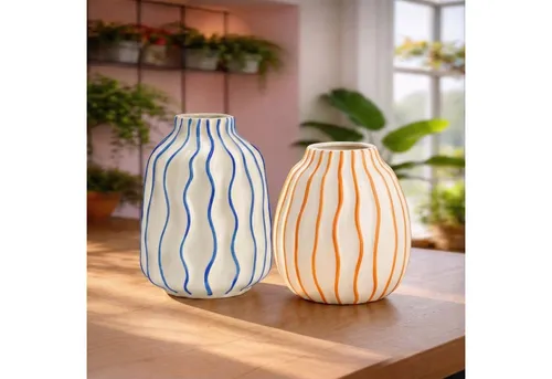 matches21 HOME & HOBBY Dekovase Keramik-Vase Blau-Orange gestreift Dopamine Deko (2 St), Moderne bunte Dekovasen für Wohnzimmer