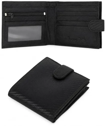 Buono Pelle Herren-Brieftasche, schmal, RFID-blockierend, echtes Leder, mit Münzfach mit Reißverschluss, Geldscheinfächer, Kartenhalter, Ausweisfenster, Geldbörse für Herren, mit Geschenkbox, jet