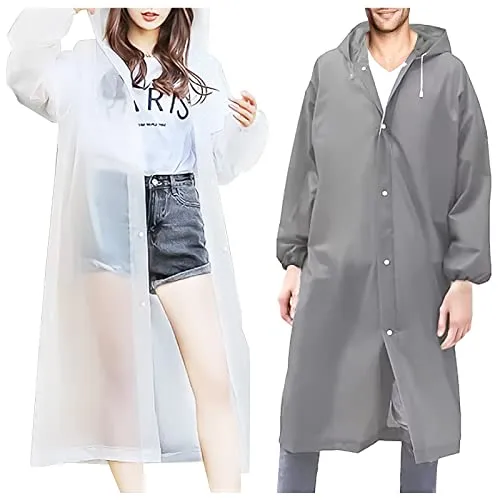 AMANMAN 2 Stück Regenjacke Windbreaker Wasserdicht Regenponcho Regencape Atmungsaktiv Durchsichtig Regen Ponchos mit Kapuze Regenmantel Regenkleidung für Herren Damen (Weiß & Grau)