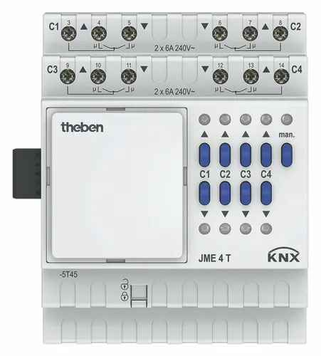 Theben Jalousieaktor JME 4 T KNX 4930255, 4-fach für Smart Home - Jalousieaktoren für präzise Steuerung von Jalousien und Rollläden. Mit 4 Kanälen erweiterbar bis 12, ideal für modernes Gebäudemanagement.