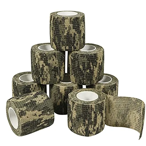 QiGui 8 Rollen Selbsthaftende Cohesive Bandage Camouflage Klebeband Kohäsive Bandage Pflasterverband Fingerpflaster Haftbandage Verband Fixierverband Elastische Binde Für Jagd Sport im Freien 5cm