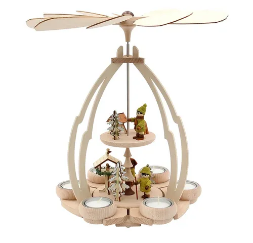 Dekohelden24 Weihnachtspyramide Hochwertige Tischpyramide mit Moosleuten und Futtergrippe, ca. 35 cm