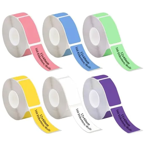 Rollen Etiketten Selbstklebend, 12x40 mm Selbstklebendes Etikettenband, 6 Farben Thermoetiketten für Etikettendrucker, Etiketten Rolle, Thermo-Etikettenband,160 Pcs/Rolle,für Büro,Schule und Zuhause 6
