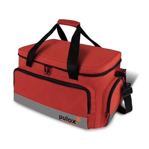 PULOX Erste-Hilfe Notfalltasche inkl. Befüllung & Pulsoximeter PO-200 Solo - Große, professionelle Sanitätstasche aus Nylon in Rot/Gefüllt
