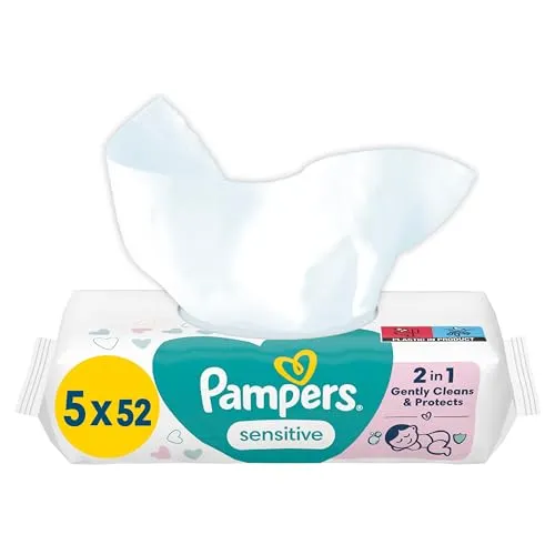 Pampers Sensitive Feuchttücher 5 Packungen mit 52 Stück - 260 Feuchttücher, ohne Duft, für eine sanfte und weiche Reinigung