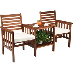 COSTWAY Gartenbank Holz mit Doppelsitz und Beistelltisch - Gartenbänke aus robustem Akazienholz mit 350 kg Tragfähigkeit, inklusive bequemen Kissen und praktischem Schirmloch für Schatten an heißen Tagen.