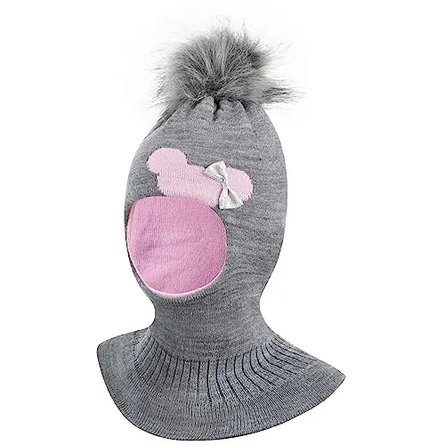 Smarilla Wintermütze Schalmütze Strickmütze Schlupfmütze warme Mädchenmütze Bommelmütze, Farbe: Grau-Rosa, Größe: 50-52