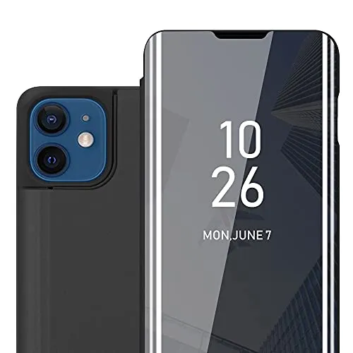 Cadorabo Hülle kompatibel mit Apple iPhone 12/12 PRO Schutzhülle TPU Silikon Case 360 View Spiegel, Slim Kratzfest Weiche Gummi mit Rundumschutz Cover Hülle für iPhone 12/12 PRO in Schwarz