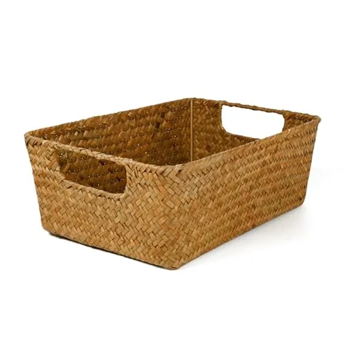 Rechteckiger Aufbewahrungskorb aus Seegras mit Griff Rattankorb korb Geflochten Wäschekorb gewebter Weidenkorb, Handtuchkorb handgefertigter Aufbewahrungskorb Regale und Schreibtische 33X23X11CM