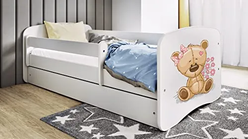 Kinderbett Jugendbett 70x140 80x160 80x180 cm Weiß mit Rausfallschutz Schublade und Lattenrost Kinderbetten für Mädchen und Junge - Teddybär mit Blumen 160 cm