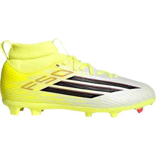 Adidas F50 League Mid FG/MG Kinder Fußballschuhe - Gelb - Halbhohe Fußballschuhe für Kinder, ideal für feste Böden und Kunstrasen. Mit innovativem Fiberskin-Obermaterial für verbessertes Ballgefühl und Sprintplate-Außensohle für optimalen Grip und Beschleunigung.