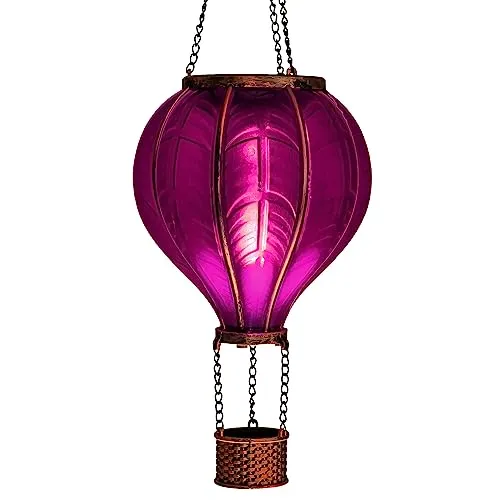 LED Solar Heißluftballon mit Flammeneffekt Beleuchtung | Lampion mit 20 warm-weißen Lichter | Gartenlaterne zum hängen | inkl. Metallkette | Gesamthöhe ca. 40,5 cm (Lila)