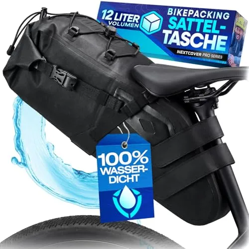 Nextcover® Bikepacking Satteltasche [12 Liter] – 100% Wasserdicht und Robust für jedes Abenteuer - Kompakte Fahrradtasche mit bis zu 12L Stauraum, ideal für Bikepacking. Hergestellt aus robustem TPU-Material, bietet sie zuverlässigen Schutz vor Nässe und ist einfach zu montieren. Perfekt für alle Radabenteuer!