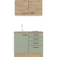 Flex-Well Exclusiv Miniküche Cara 100 cm - Schilfgrün matt - Küchenblock für Singles und Ferienwohnungen, mit flexibler Montage und viel Stauraum. Inklusive Edelstahl-Einbauspüle und 2-Platten-Kochfeld für effizientes Kochen.