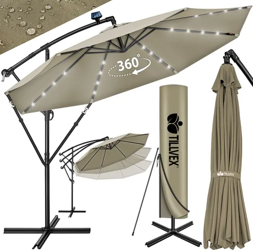 tillvex Alu Ampelschirm LED Solar Ø 350 cm - Sonnenschirm mit 32 LED-Lampen für stimmungsvolles Licht, UV-Schutz bis UPF 50+ und stufenlos verstellbarem Neigungswinkel – ideal für Garten, Balkon oder Terrasse.