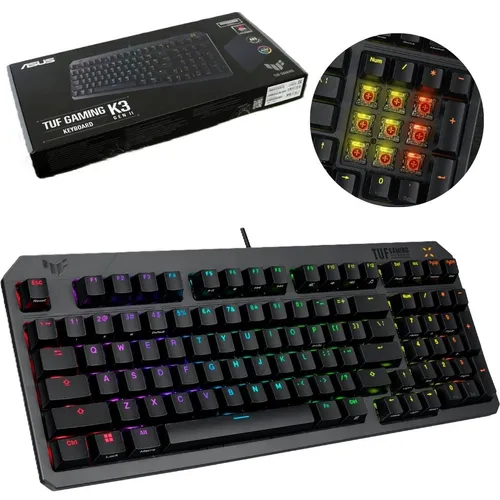 ASUS TUF Gaming K3 Gen II - Kompakte RGB-Tastatur - Kompakte 98-Tasten-Tastatur mit IP57 Schutz, ideal für Gamer. Optisch-mechanische RGB-Schalter bieten ein unvergleichliches Schreiberlebnis und sind für 100 Millionen Anschläge ausgelegt.
