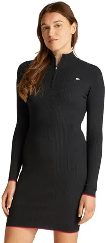 Tommy Jeans Damen Pullover-Kleid 1/4 Zip Figurbetont, Schwarz (Black), XL
