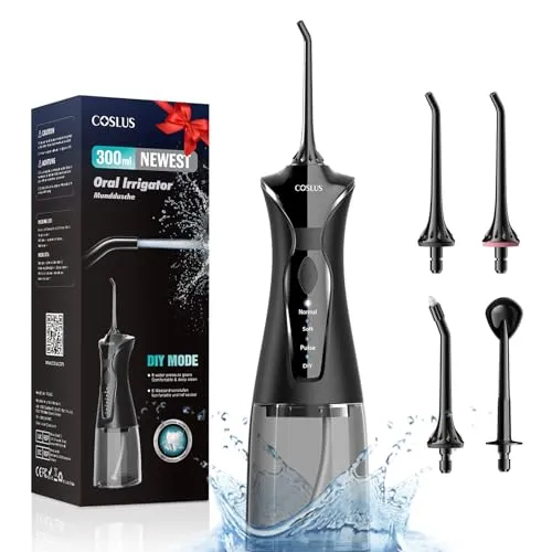 COSLUS Kabellose Munddusche: 4 Modi & 300ml Wassertank für effektive Zahnreinigung