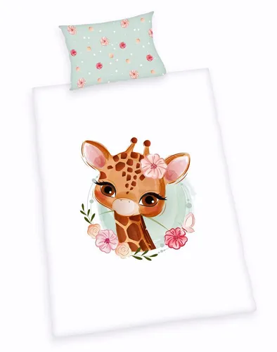 Herding Flanell Baby Bettwäsche 2 tlg. 100x135cm Giraffe Lind Grün Blumen Weiß