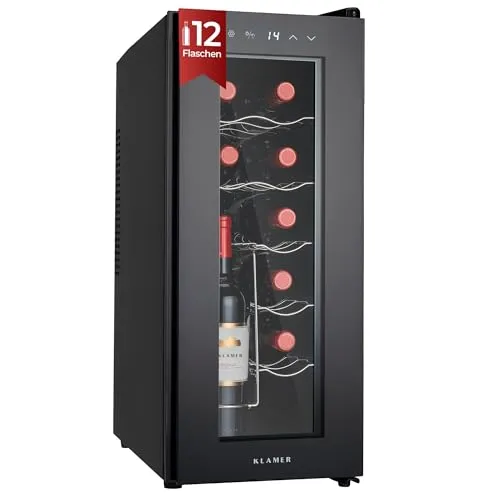 KLAMER Weinkühlschrank 12 Flaschen – Kompakter Getränkekühlschrank mit präziser Temperaturkontrolle - Kühlen Sie Ihre Weine optimal zwischen 5–18°C mit unserem leisen, thermoelektrischen Kühlschrank. Die UV-schutzverglaste Tür sorgt für besten Schutz und Qualität Ihrer Flaschen. Ideal für Weinliebhaber mit begrenztem Platz!