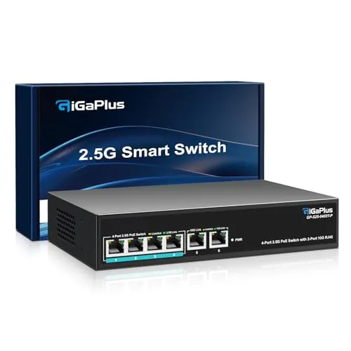 Unmanaged 10G Ethernet Switch mit 6 Ports, Davon 4 x 2.5G Base-T PoE Ports und 2x10G RJ45 Ports. 60Gbit/s Schaltkapazität. GiGaPlus 10Gb Netzwerk-Switch für 2.5G/10G NAS/PCs, WiFi6 Router