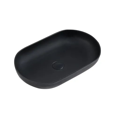 Aufsatzwaschbecken Oval in Schwarz Matt, 54x34 cm, Aus Langlebigem Mineralguss, Waschbecken ohne Hahnloch und Überlauf, Modernes Design, inklusive Ablaufventil in Mineralguss Schwarz Matt