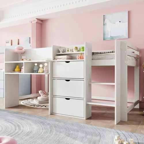 Merax Etagenbett Halbhoch 90x200 cm mit Regalen - Multifunktionales Etagenbett aus massivem Kiefernholz, ideal für kleine Räume – kombiniert Schlafplatz, Stauraum und Spielbereich in einem stilvollen Design.