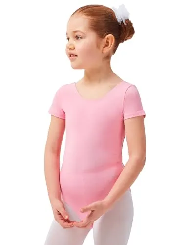 tanzmuster Ballettanzug Mädchen Kurzarm - Sally - aus weichem Baumwollstoff - Ballett Trikot Ballettbody in rosa, Größe 128/134