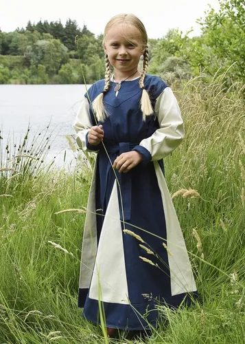 Battle-Merchant Wikinger Mittelalter Kleid für Kinder Mädchen, 164, Blau/Natur - Kleider für Mädchen – Wunderschönes Wikinger Kleid aus 100% Baumwolle mit Gürtel, ideal für Fasching oder LARP, robust und gemütlich für jedes Abenteuer.