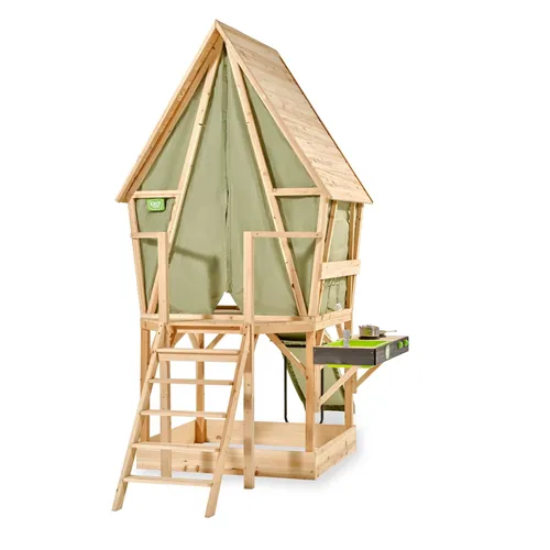 EXIT Yuki 550 Holzspielhaus mit Rutsche, Balkon und Küche - Das EXIT Yuki 550 kombiniert Spielhaus und Spielzelt. Mit Balkon, Rutsche und Küche ist es ideal für kreative Abenteuer im Freien. Robuste Bauweise sorgt für langanhaltenden Spielspaß.