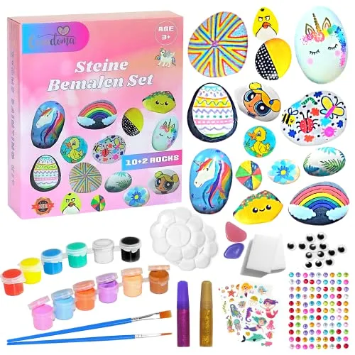 Steine zum Bemalen DIY Set mit 10+2 Steine | Bastelset Kinder ab 3 Jahre Junge und Mädchen Geschenke Kindergeburtstag | Rock Paint Kit mit Aufkleber und Stifte für Kreatives Malen (Pink Einhorn)