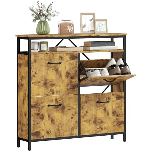 HOMCOM Schuhschrank mit 4 Klappen - Schuhschrank mit Platz für 12-20 Paar Schuhe, verstellbare Trennwand und offenes Fach für Dekoration. Ideal für enge Flure mit rustikalem Design und stabiler Bauweise.