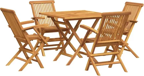 vidaXL 5-tlg. Garten-Essgruppe Massivholz Teak - Gartenmöbel-Set aus hochwertigem, wetterbeständigem Teakholz. Ideal für gemütliche Stunden im Freien, mit klappbarem Design für einfache Lagerung und Transport.