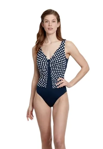 Sunmarin Badeanzug Einteiler getupft weiß mit Softschalen großer Cup mit tiefen Rücken Nachtblau Uni