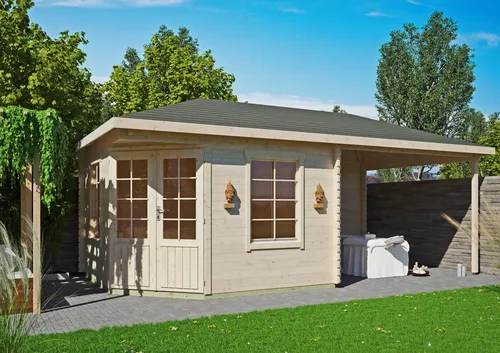 5-Eck Gartenhaus Modell Isa 40 D - Massives 5-Eck Gartenhaus aus nordischer Fichte mit 40mm starken Wänden. Ideal für Gartenfreunde, bietet es hohe Stabilität und Langlebigkeit. Inklusive hochwertiger Doppeltür und Isolierglasfenstern für optimalen Komfort.